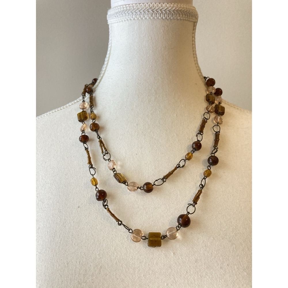 Brown Pink Beaded Necklace Long Layered Boho Earthy Tones‎ Layering Artisan